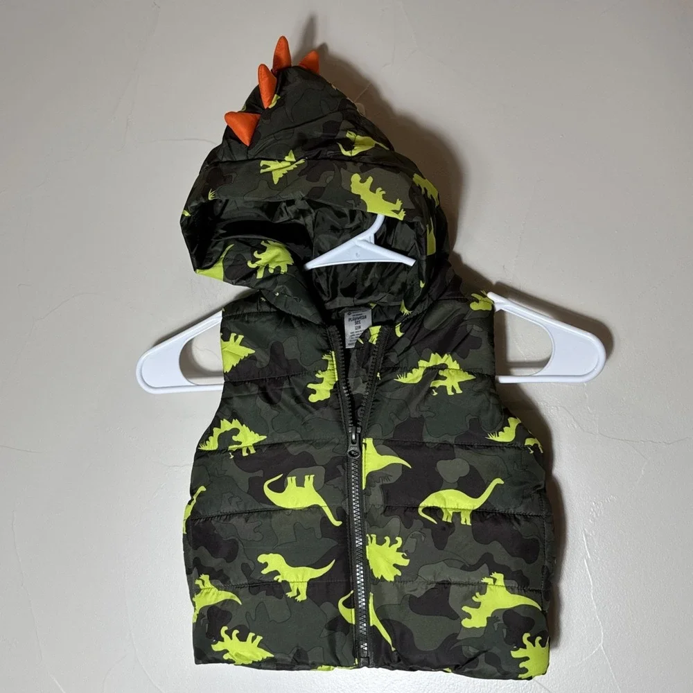 Member's Mark Dinosaur Camo Puffer Vest Boys 12 Months Hooded Green Pockets